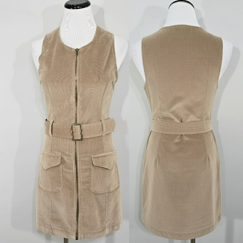 Rewash Tan Corduroy Belted Zip Front Mini Dress Jumper Small